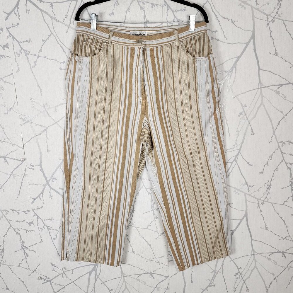 Semplice Beige Stripe Stretch Denim High Rise Capri Pants